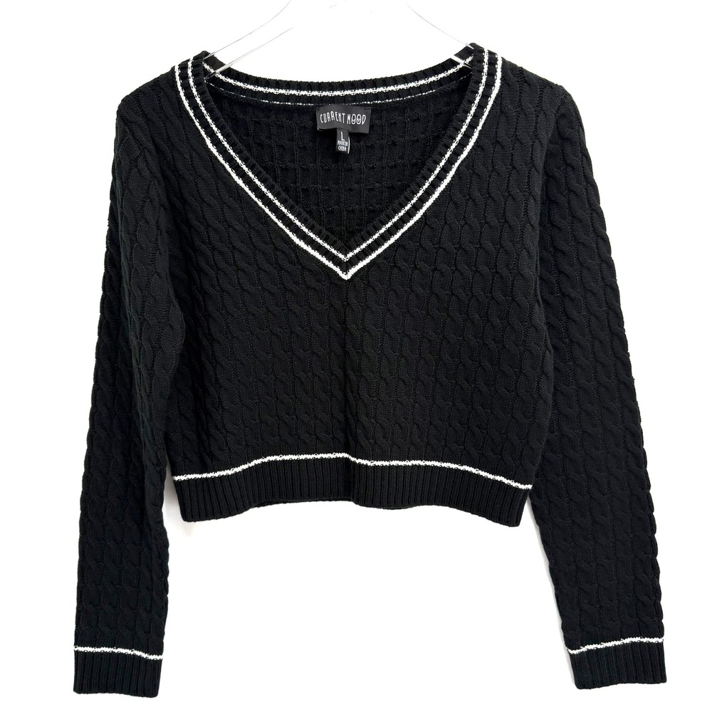 Current Mood Dolls Kill Varsity Sweater Size L Black Cable Knit Cropped V-Neck